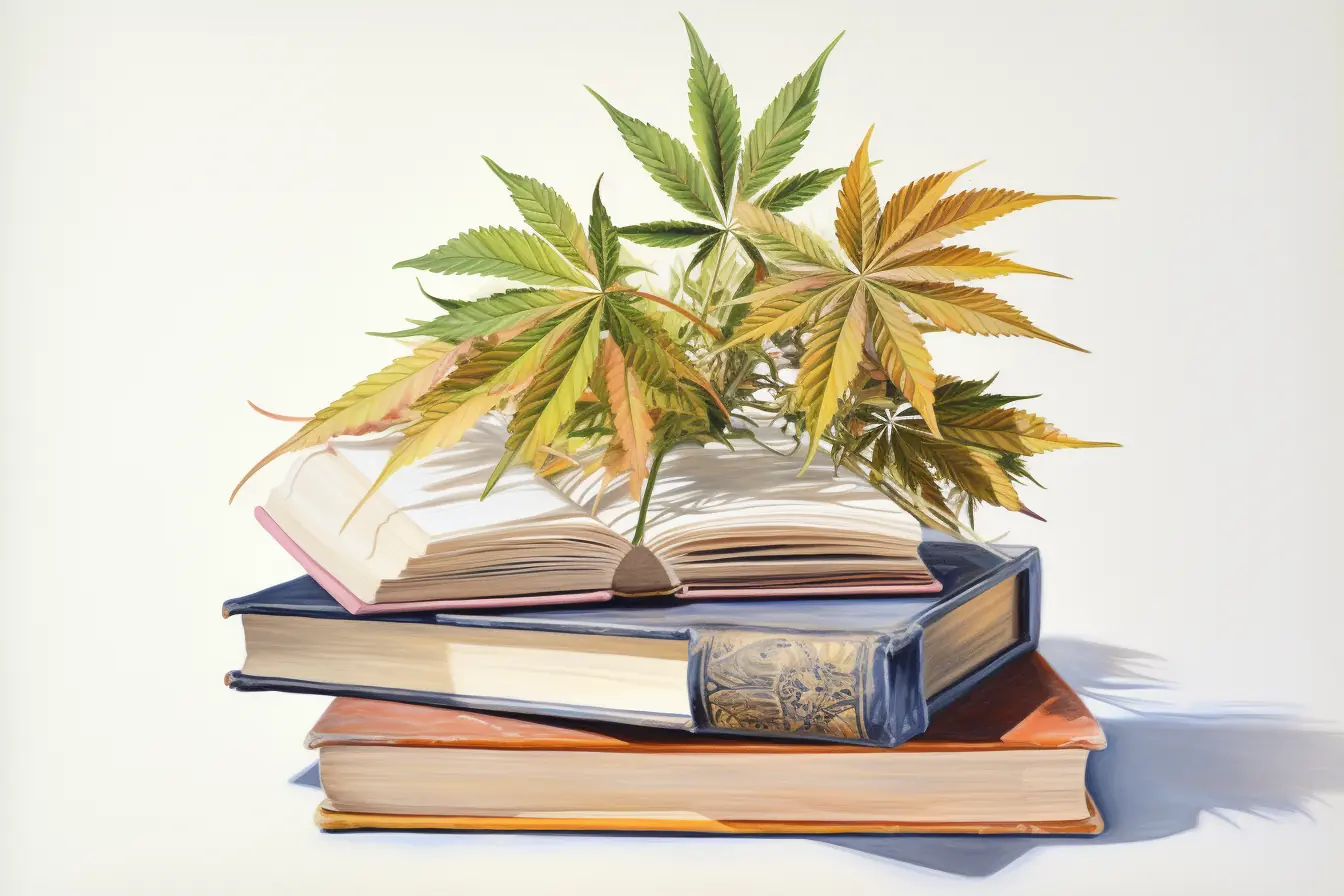 Die Pflanze, die viele Namen trägt, ist Cannabis. Sie macht das Lesen von bunten Büchern spannender, wenn sie diese schmückt.